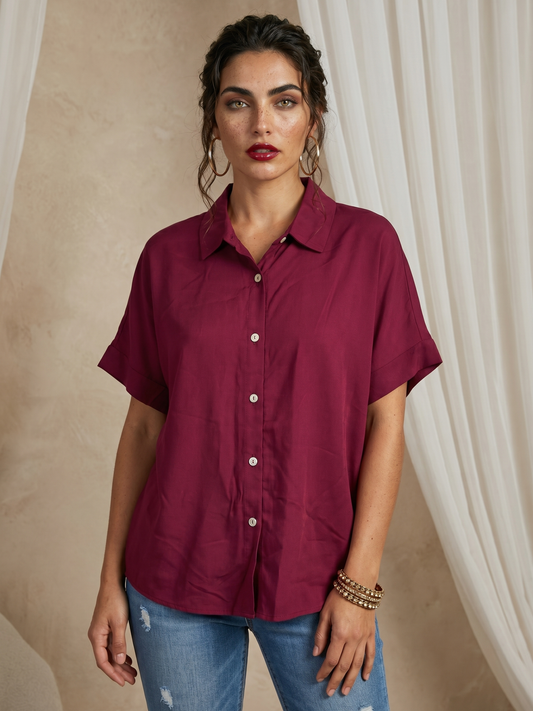 Classic Burgundy Short Sleeve Button-Down Shirt
