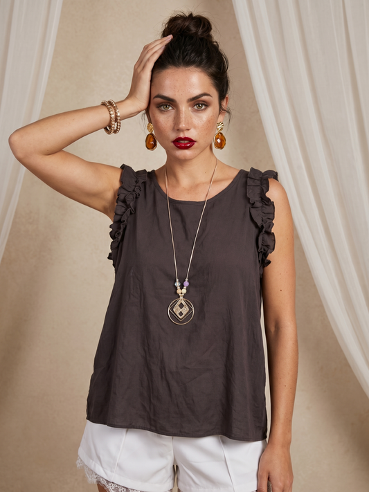 Women's Elegant Black Ruffle Cap Sleeve Blouse
