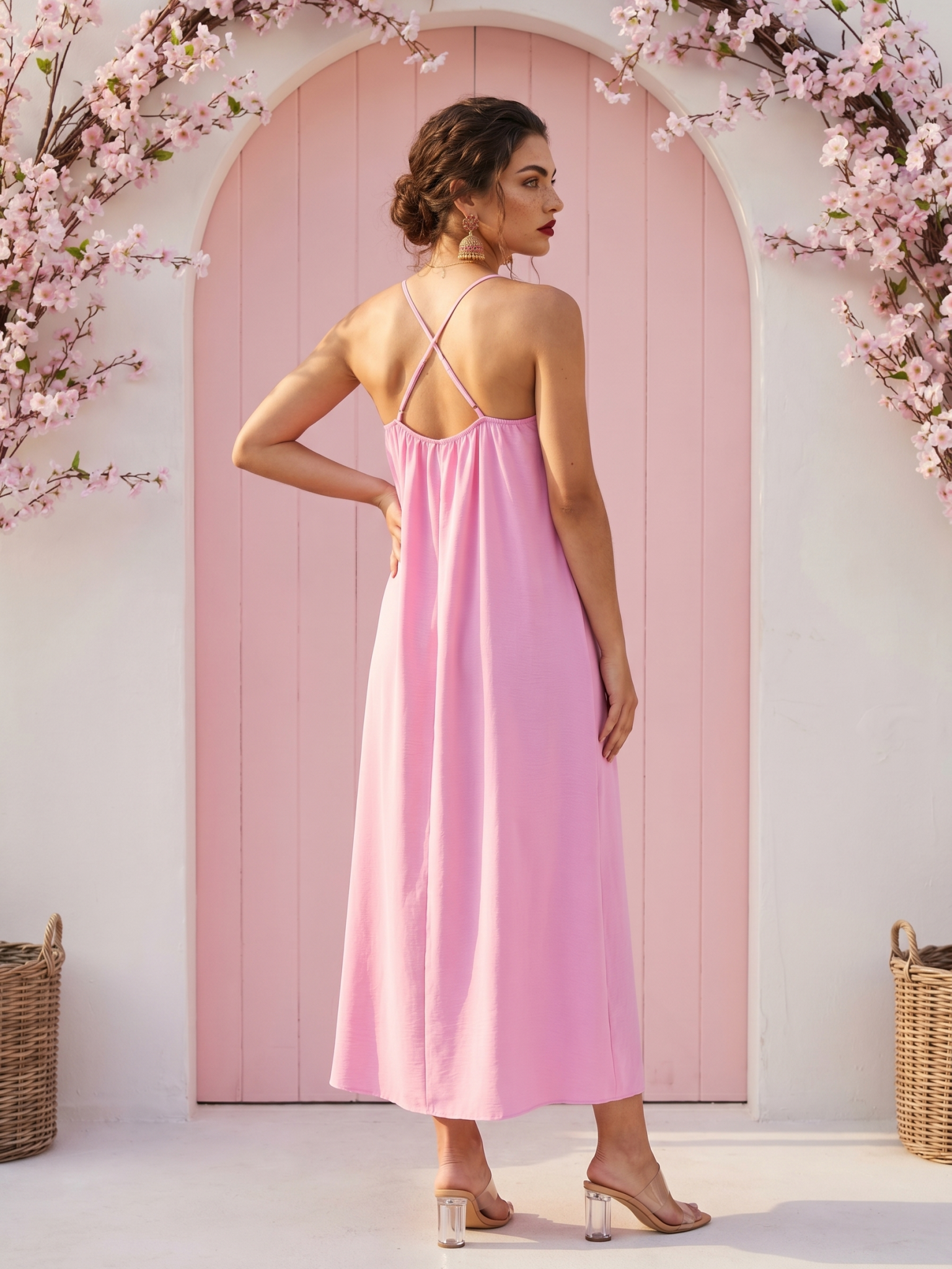 Women's Pink Spaghetti Strap Maxi Dress
