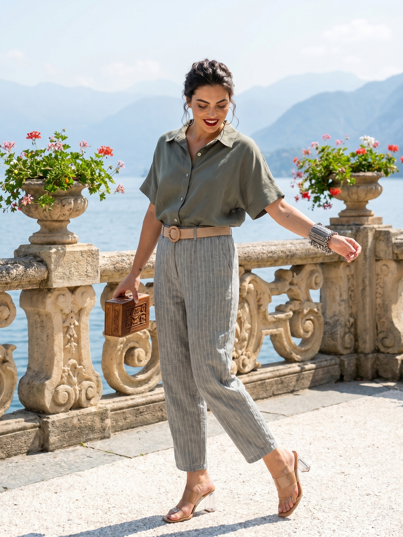 Women's Sage Green Striped Linen-Blend Trousers with Woven Belt