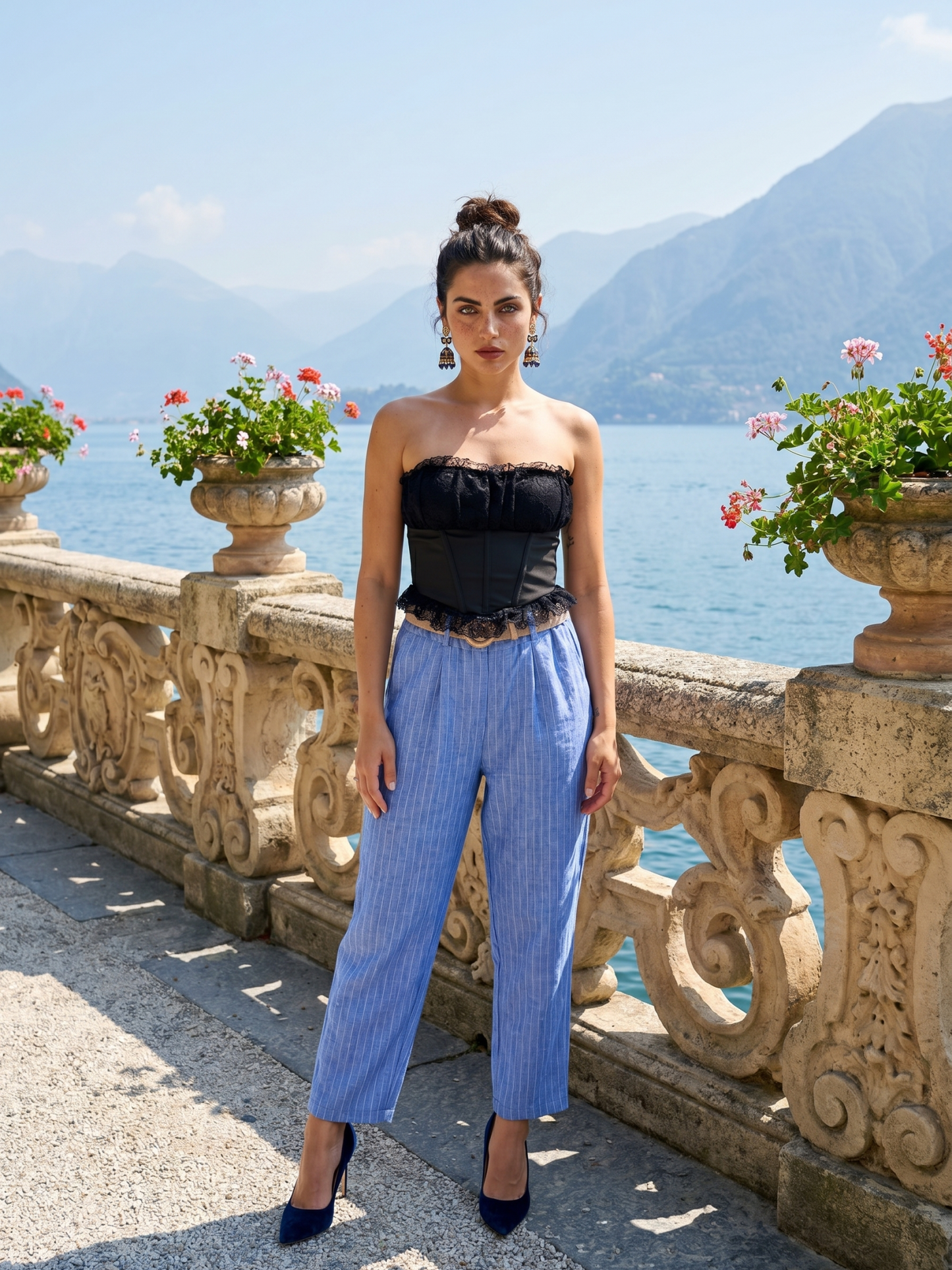Women's Blue Striped Linen Wide-Leg Trousers with Woven Belt