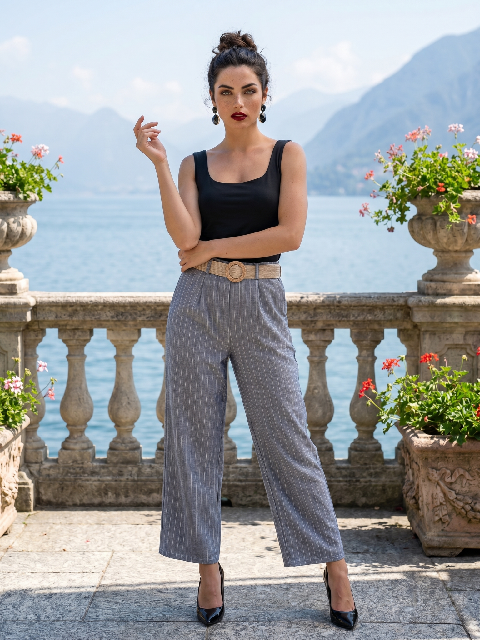 Women's Gray Striped Wide Leg Pants with Woven Belt
