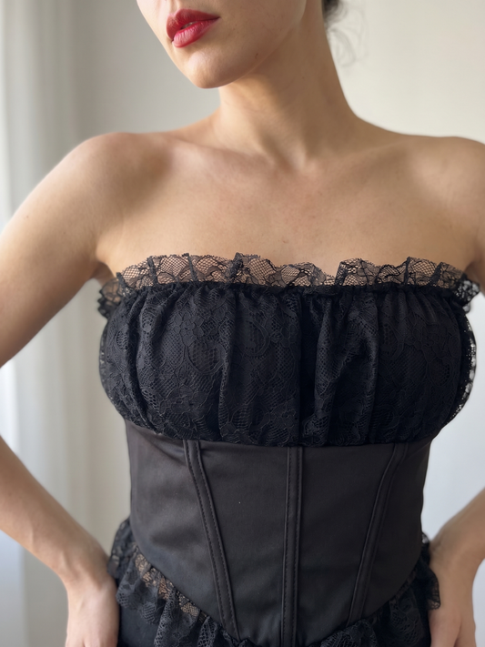 Women's Black Lace Trim Corset Top - Strapless Bustier Crop Top