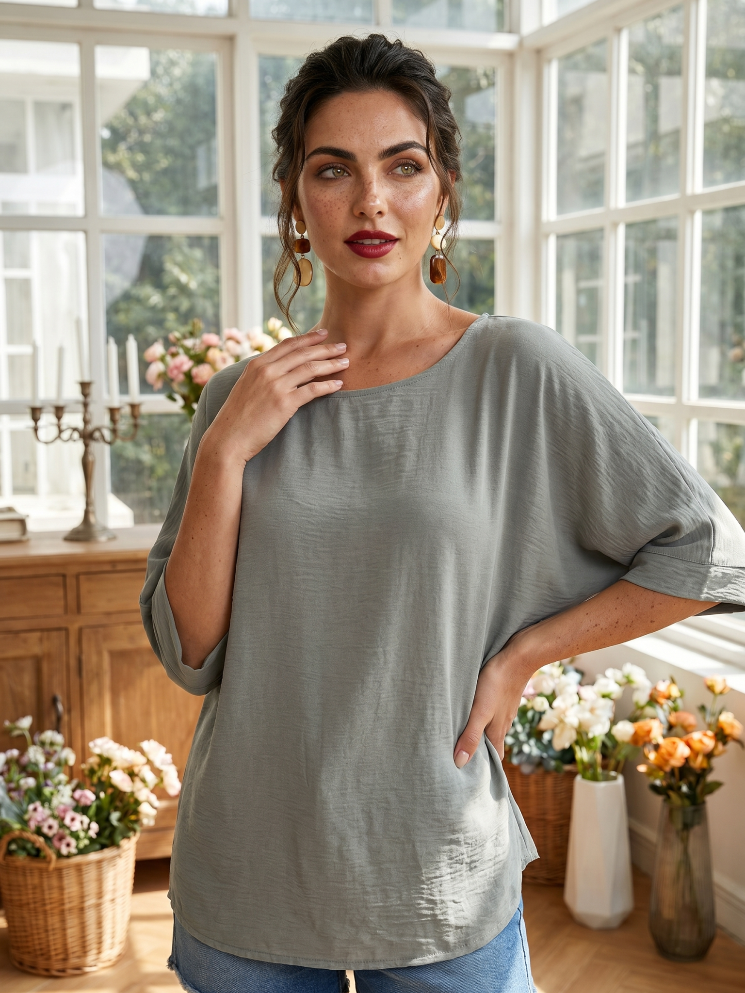 Women's Olive Green Textured Short Sleeve Blouse