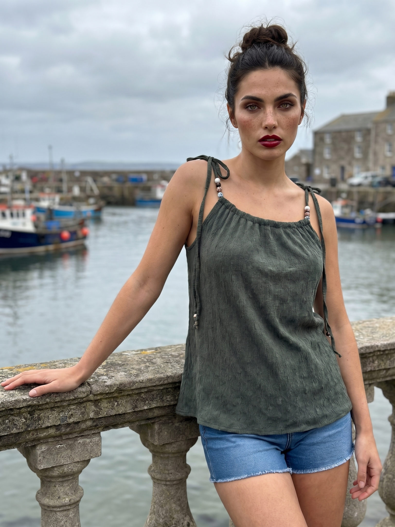 Olive Green Textured Spaghetti Strap Camisole Top with Bead Details