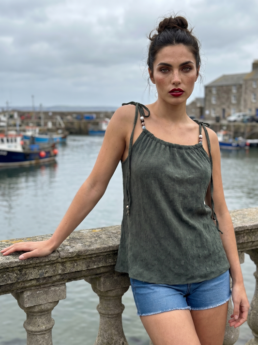 Olive Green Textured Spaghetti Strap Camisole Top with Bead Details