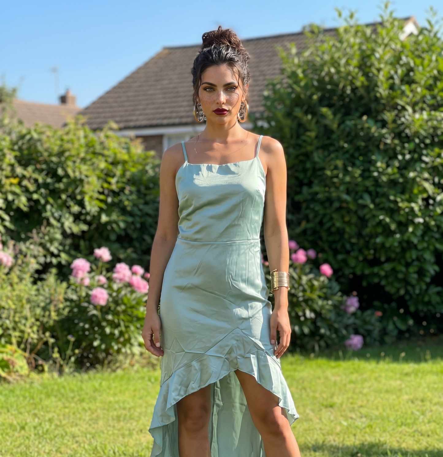 Elegant Sage Green Satin High-Low Maxi Dress with Cowl Neck