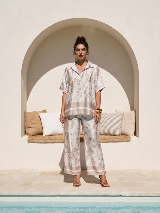 Made in Italy Abstract Print Satin Blouse in Beige