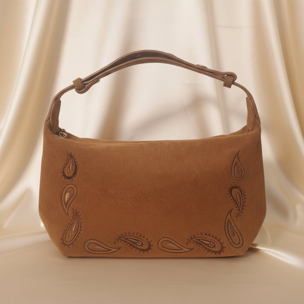 Borsa hobo in camoscio cuoio con ricami paisley