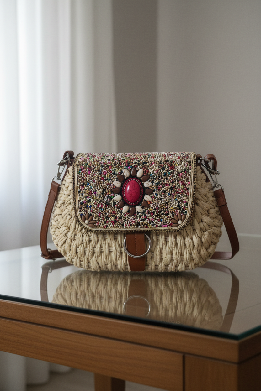 Borsa in rafia con perline boho