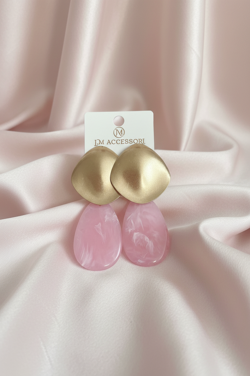 Orecchini pendenti dorati con goccia  rosa