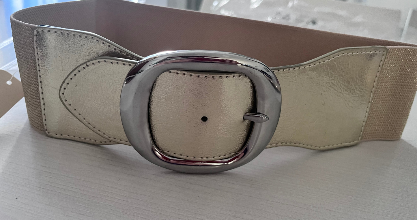 Cintura larga elastica argento con fibbia ovale