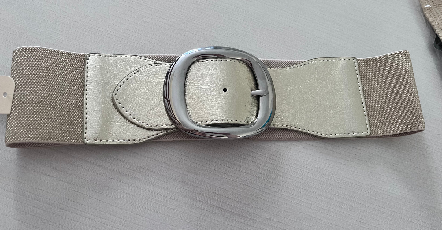 Cintura larga elastica argento con fibbia ovale