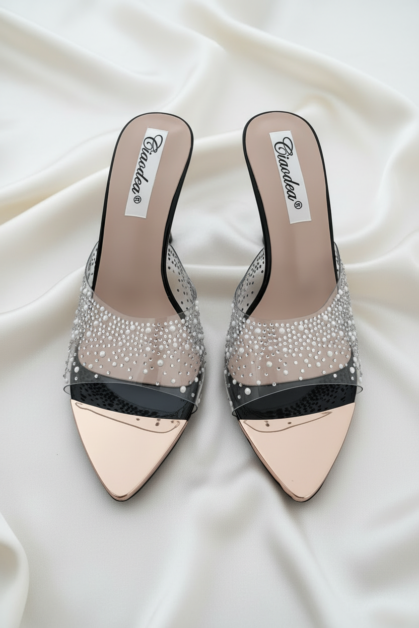 Mules con tacco  con strass e perle