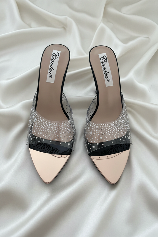Mules con tacco  con strass e perle