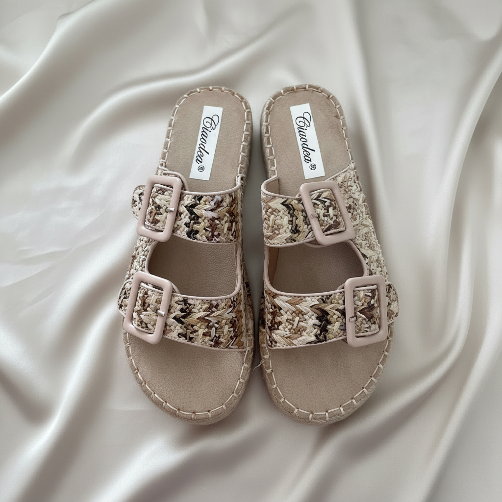 Sandali in rafia intrecciata con doppia fascia e fibbie