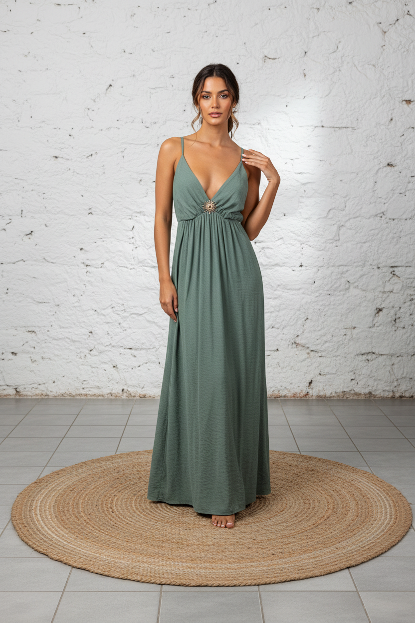 Vestito lungo con scollo a V e spilla sole