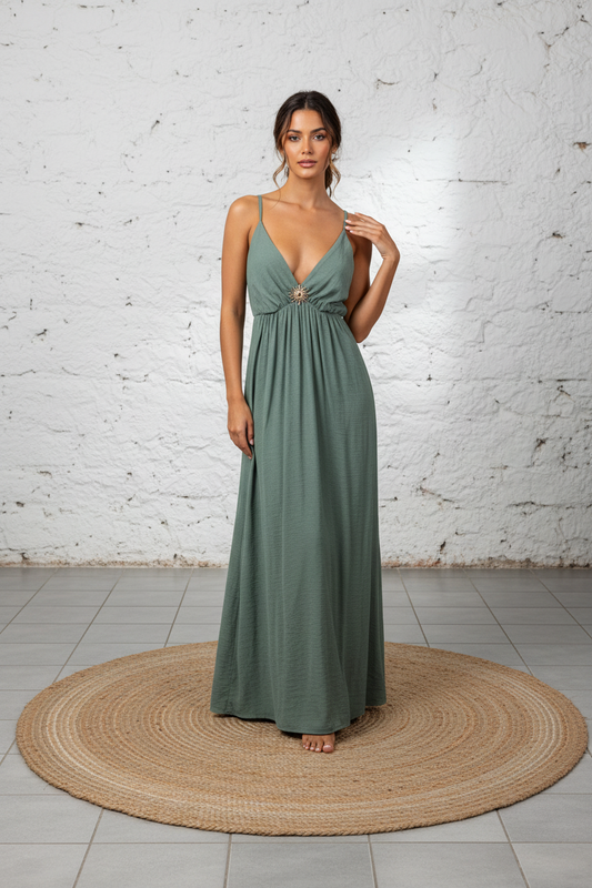 Vestito Soledad lungo con scollo a V e medaglia sole taglia unica 40/52