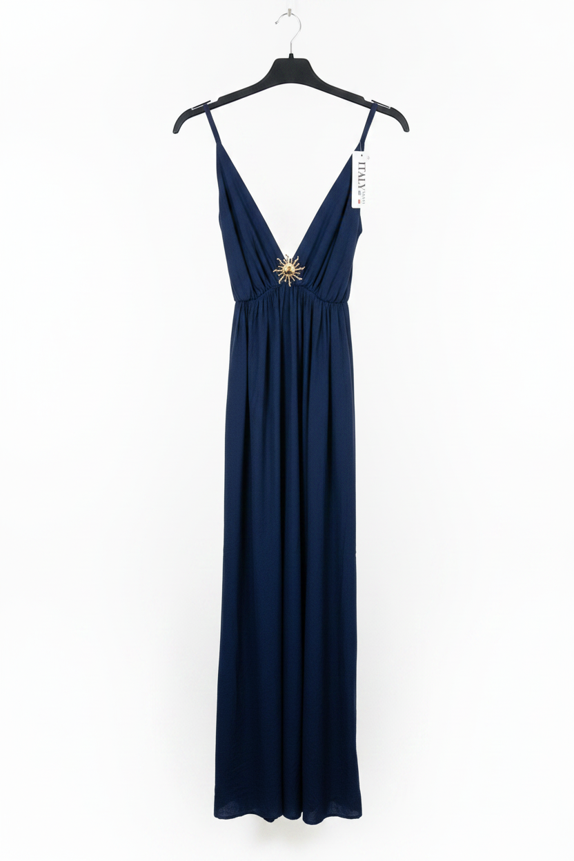 Vestito lungo con scollo a V e spilla sole
