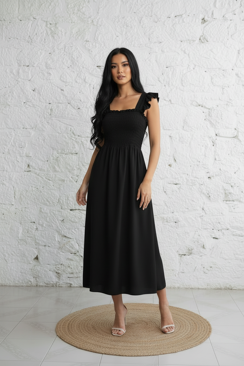 Vestito lungo con corpetto smock e spalline a volan taglia unica 40/48