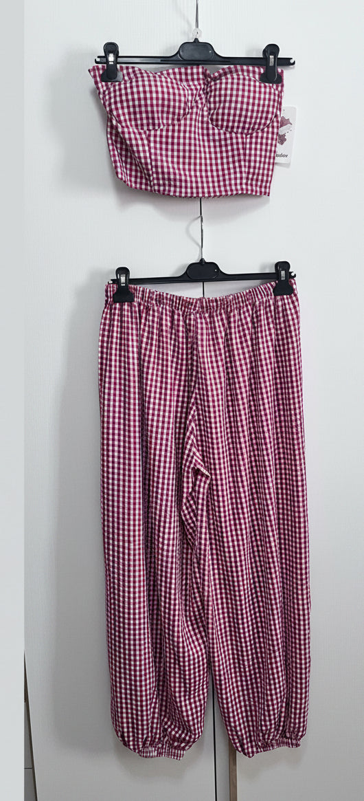 Coordinato vichy bordeaux – top fascia e pantaloni