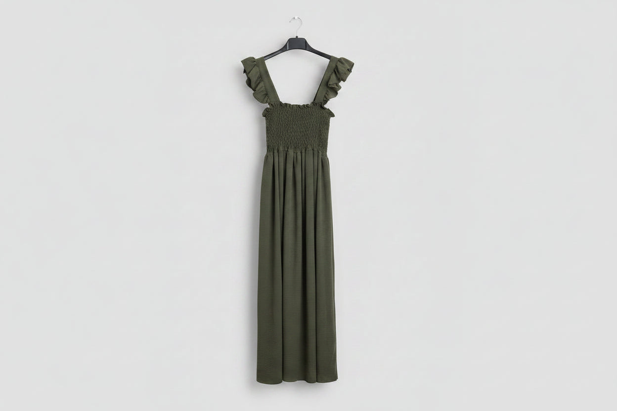 Vestito lungo con corpetto smock e spalline a volan taglia unica 40/48