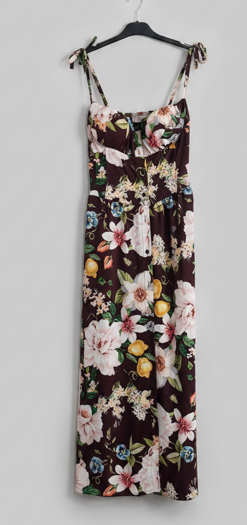 Abito floreale con corpino smock e spalline con fiocco taglia unica 40/50