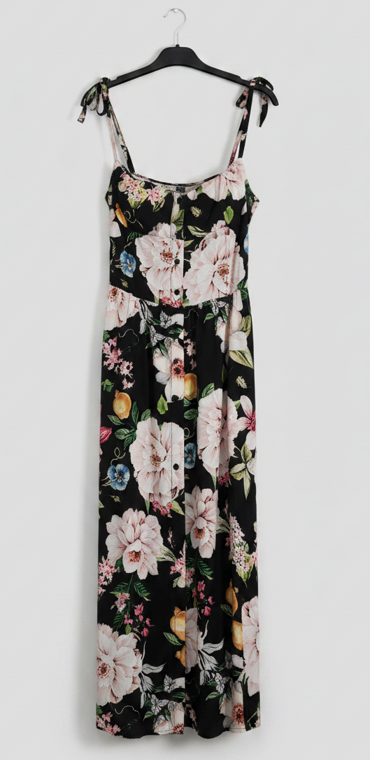 Abito floreale con corpino smock e spalline con fiocco taglia unica 40/50