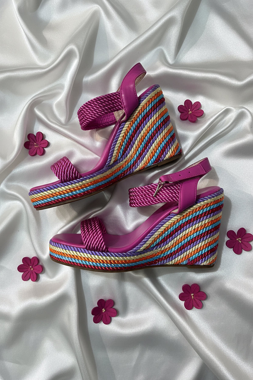 Sandali con zeppa multicolor e fascette fuxia - vista frontale