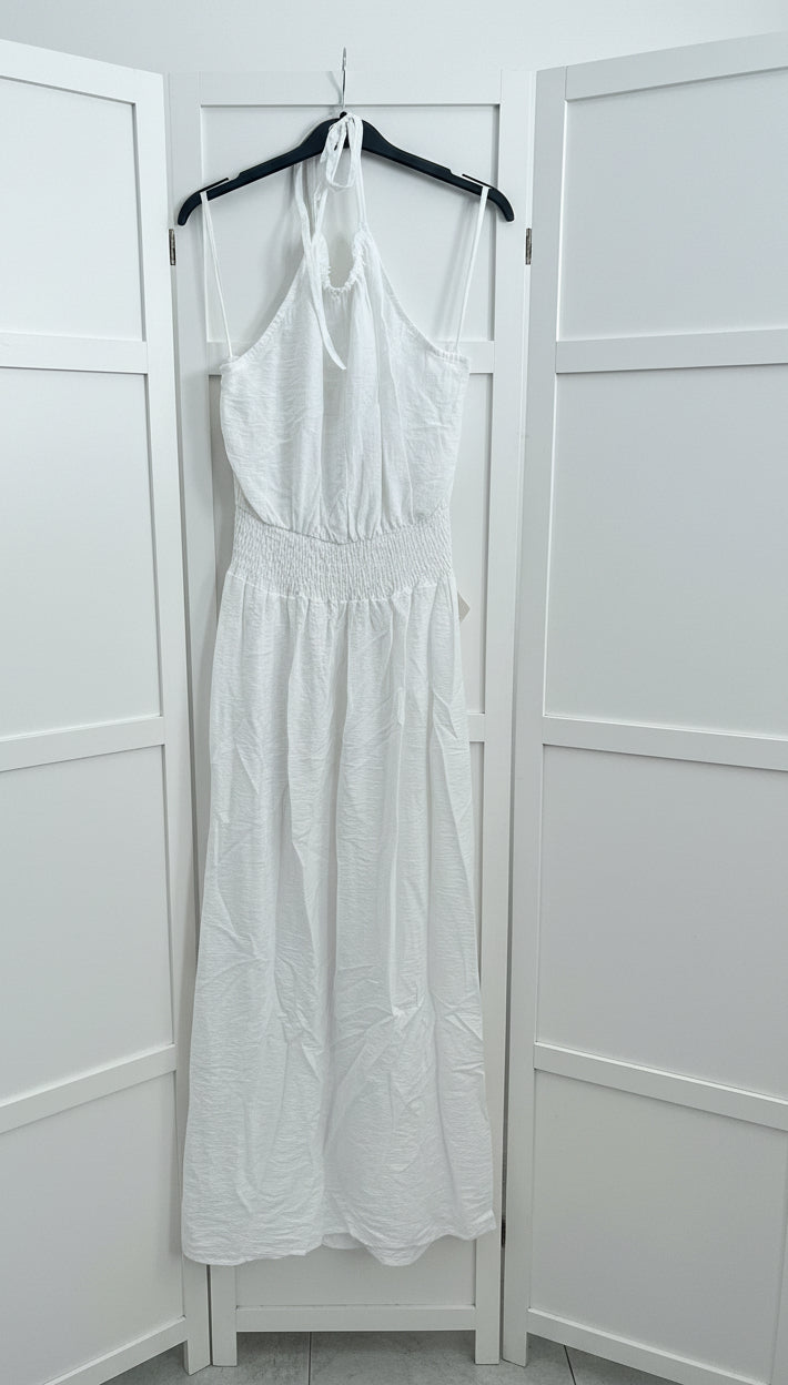 Abito lungo bianco con spalline annodate e vita smock