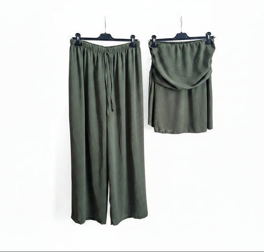 Coordinato verde militare pantalone wide leg e top a fascia