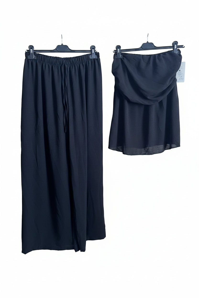 Coordinato nero pantalone wide leg e top a fascia