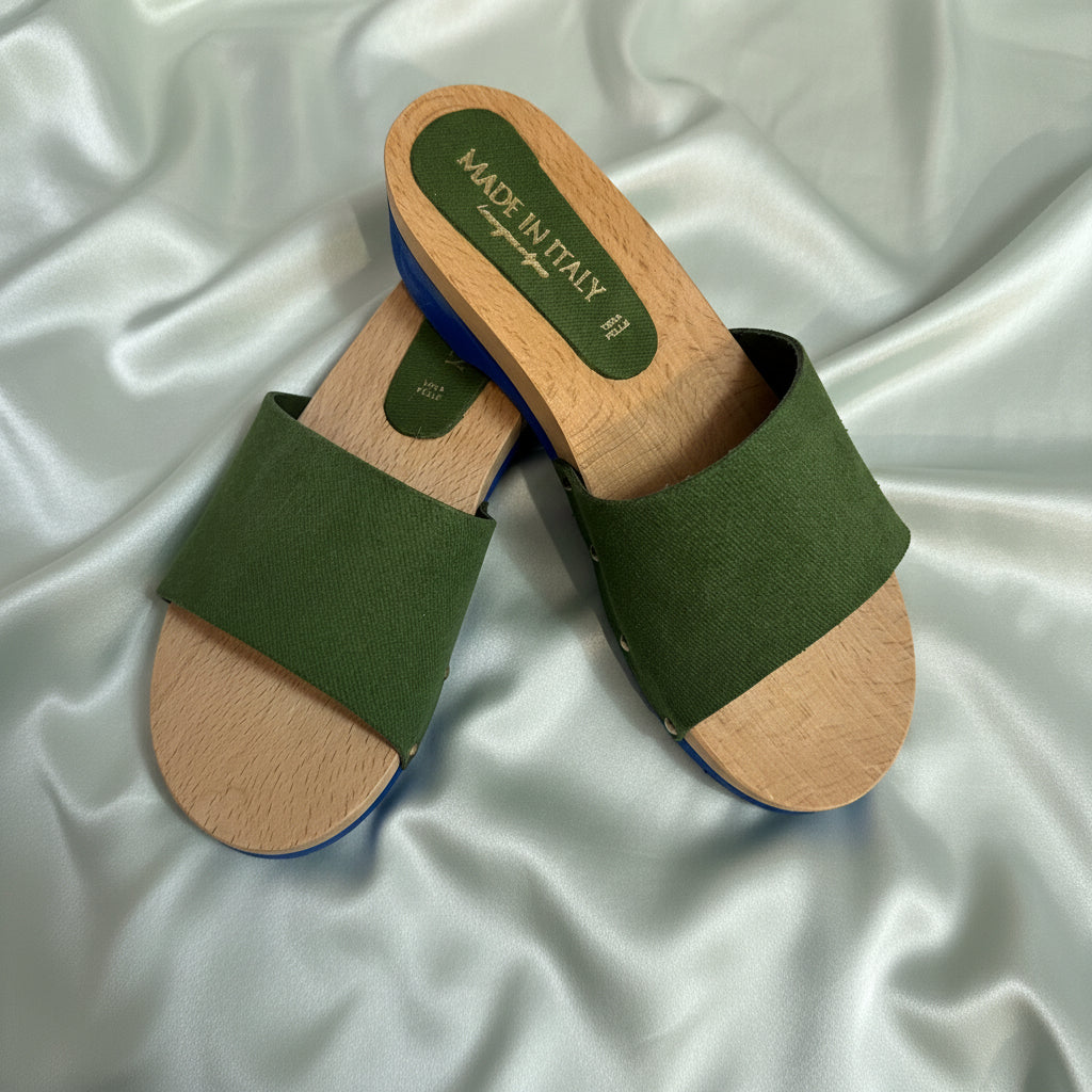 Zoccoli in vera pelle con suola in legno - colore verde
