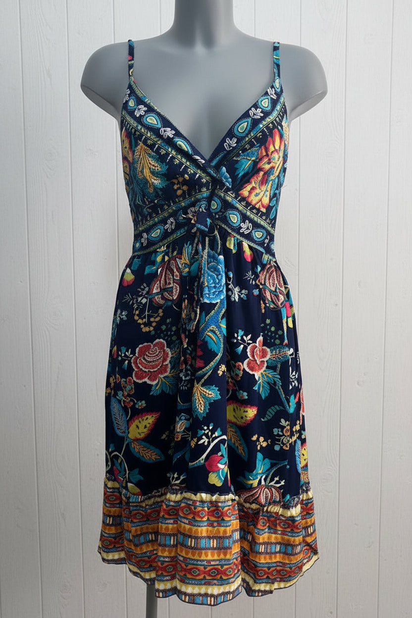 Vestito midi floreale blu navy con scollo V incrociato