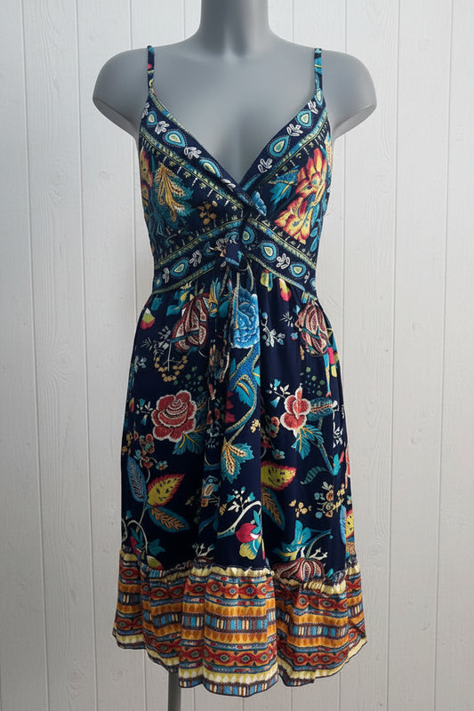 Vestito midi floreale blu navy con scollo V incrociato