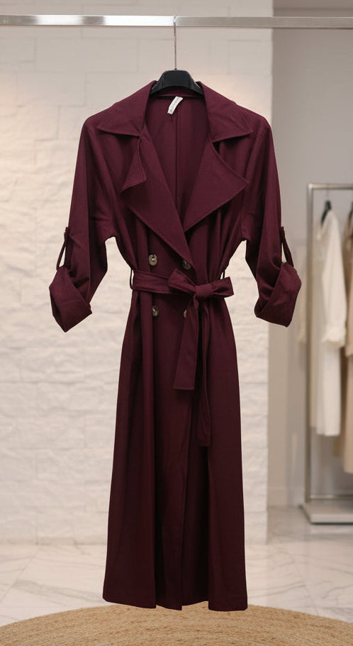 Trench coat lungo prugna/viola scuro con cintura e bottoni dorati