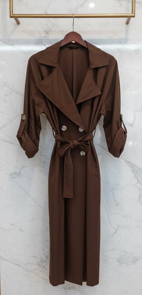Trench coat lungo marrone cioccolato con cintura e bottoni dorati