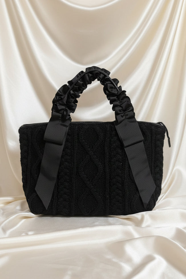 Borsa a mano nera con manici arricciati e fiocco in grosgrain - vista frontale