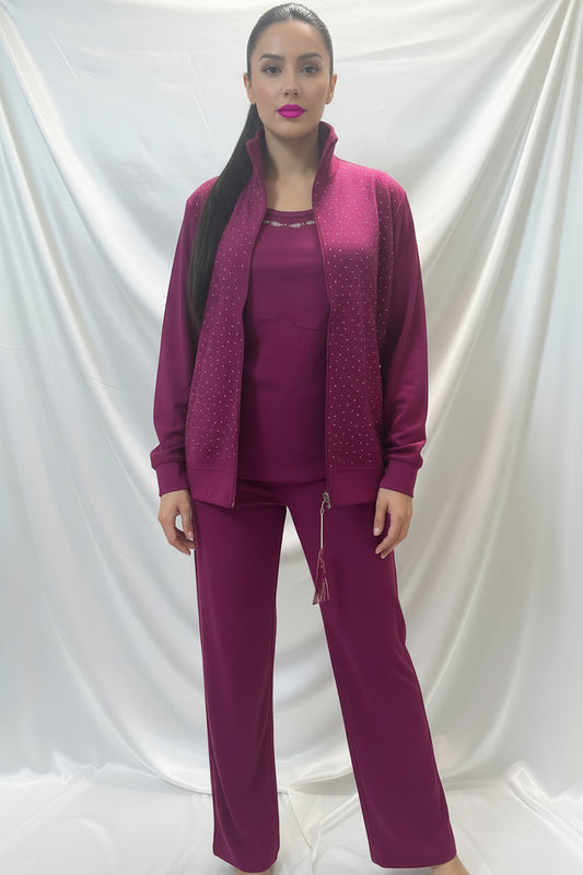 Completo tre pezzi ciclamino con micro strass - felpa zip e pantaloni con etichetta