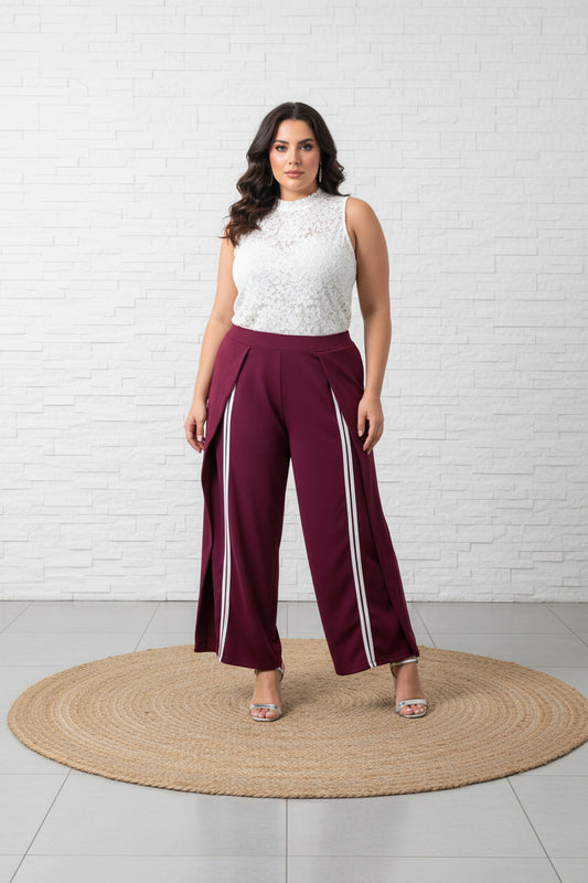 Pantaloni wide leg verde militare con doppia banda bianca laterale