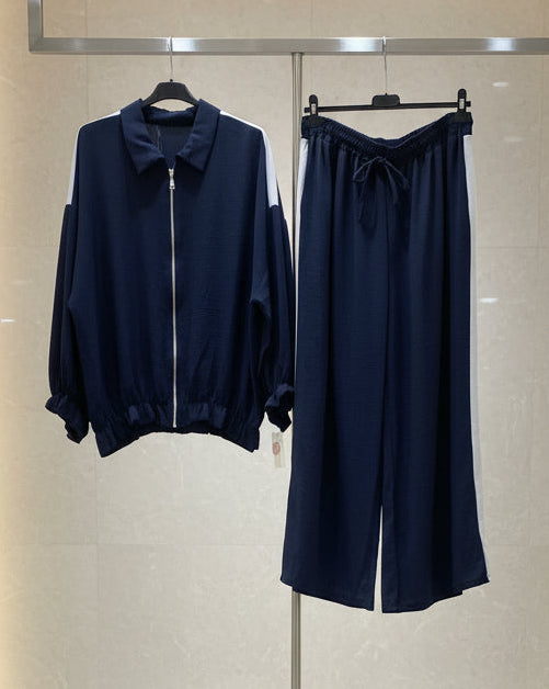 Completo due pezzi blu navy con banda bianca - giacca e pantalone wide leg