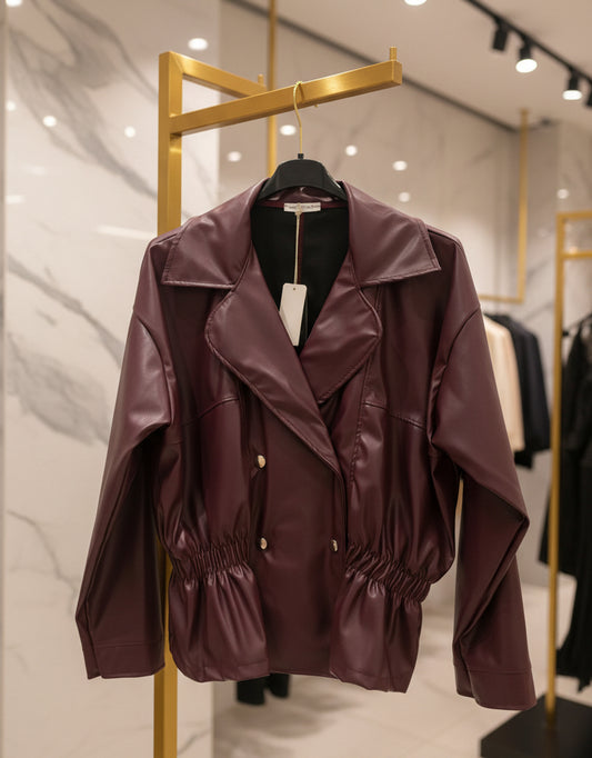 Giacca in ecopelle bordeaux prugna con vita arricciata e revers ampio - vista frontale