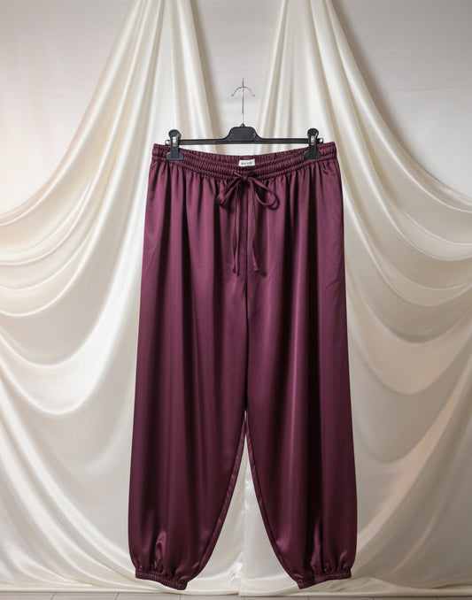 Pantaloni harem satinati marrone scuro con coulisse e polsini elastici