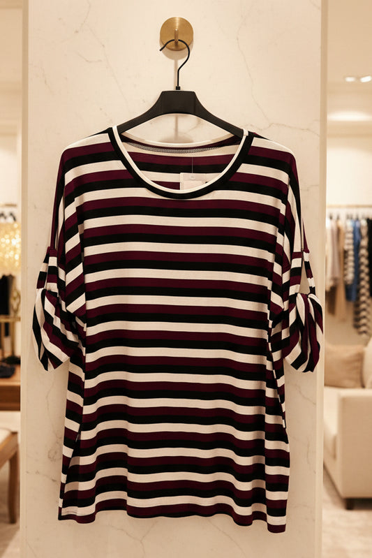 T-shirt oversize a righe blu navy e grigio con maniche annodate al polso