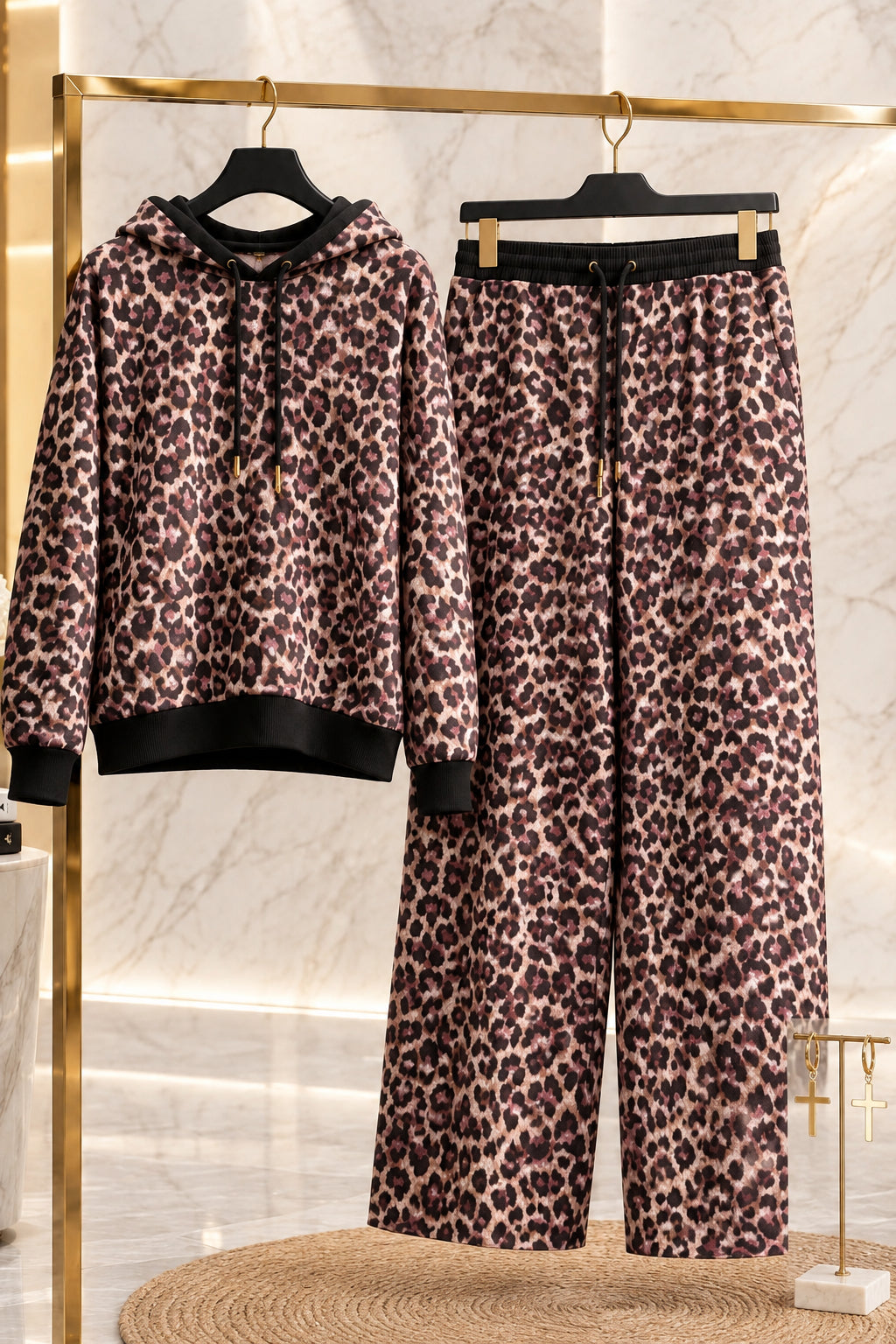 Felpa e pantaloni coordinati con stampa animalier e dettagli neri