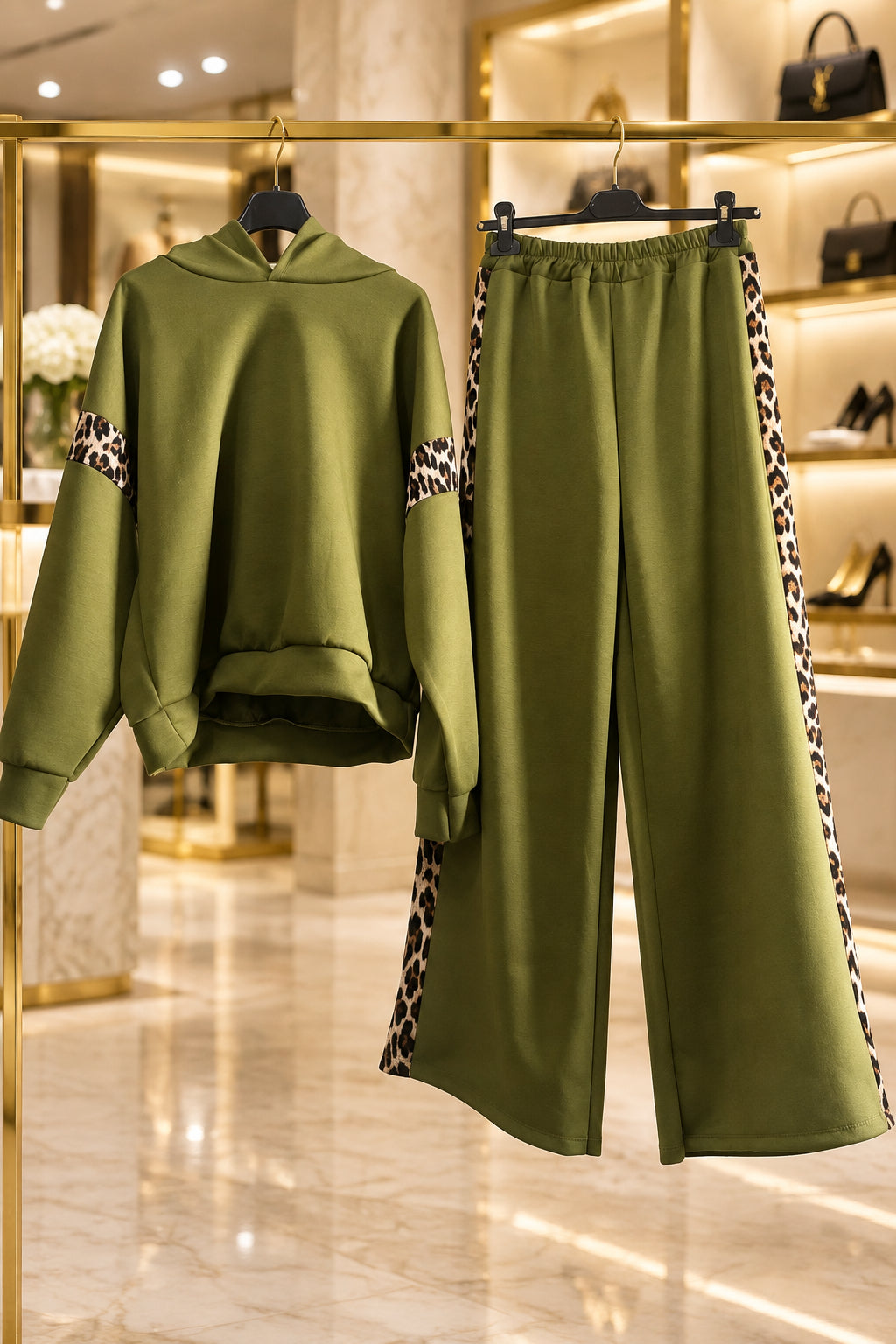 Completo verde oliva con felpa e pantaloni ampi, inserti animalier