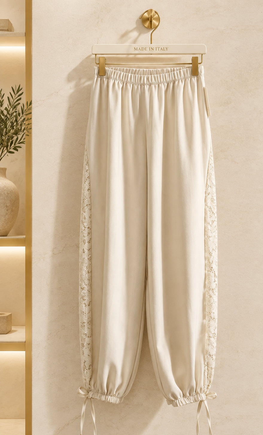 Pantaloni ampi chiari con inserti laterali e laccetti alle caviglie