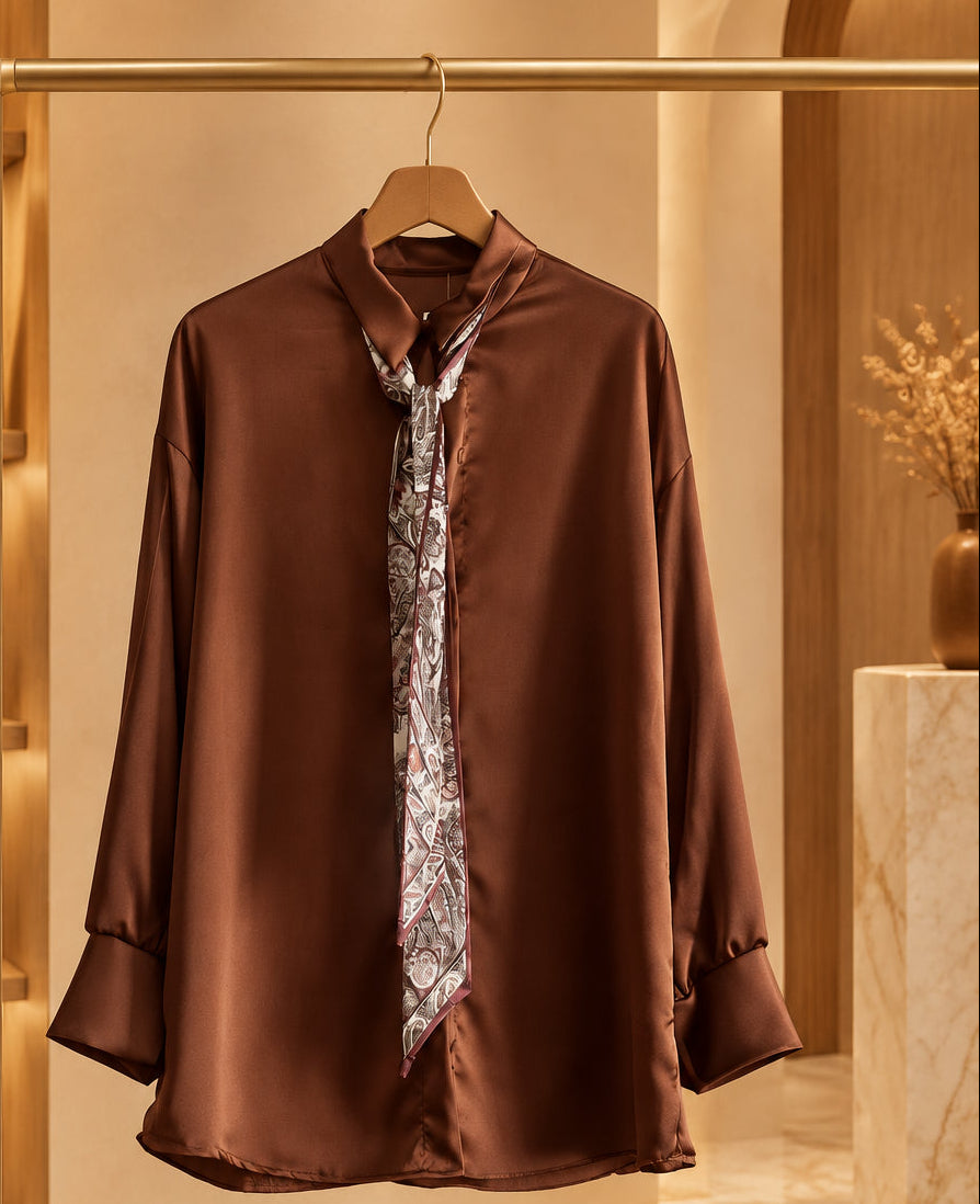 Camicia marrone a maniche lunghe con foulard fantasia
