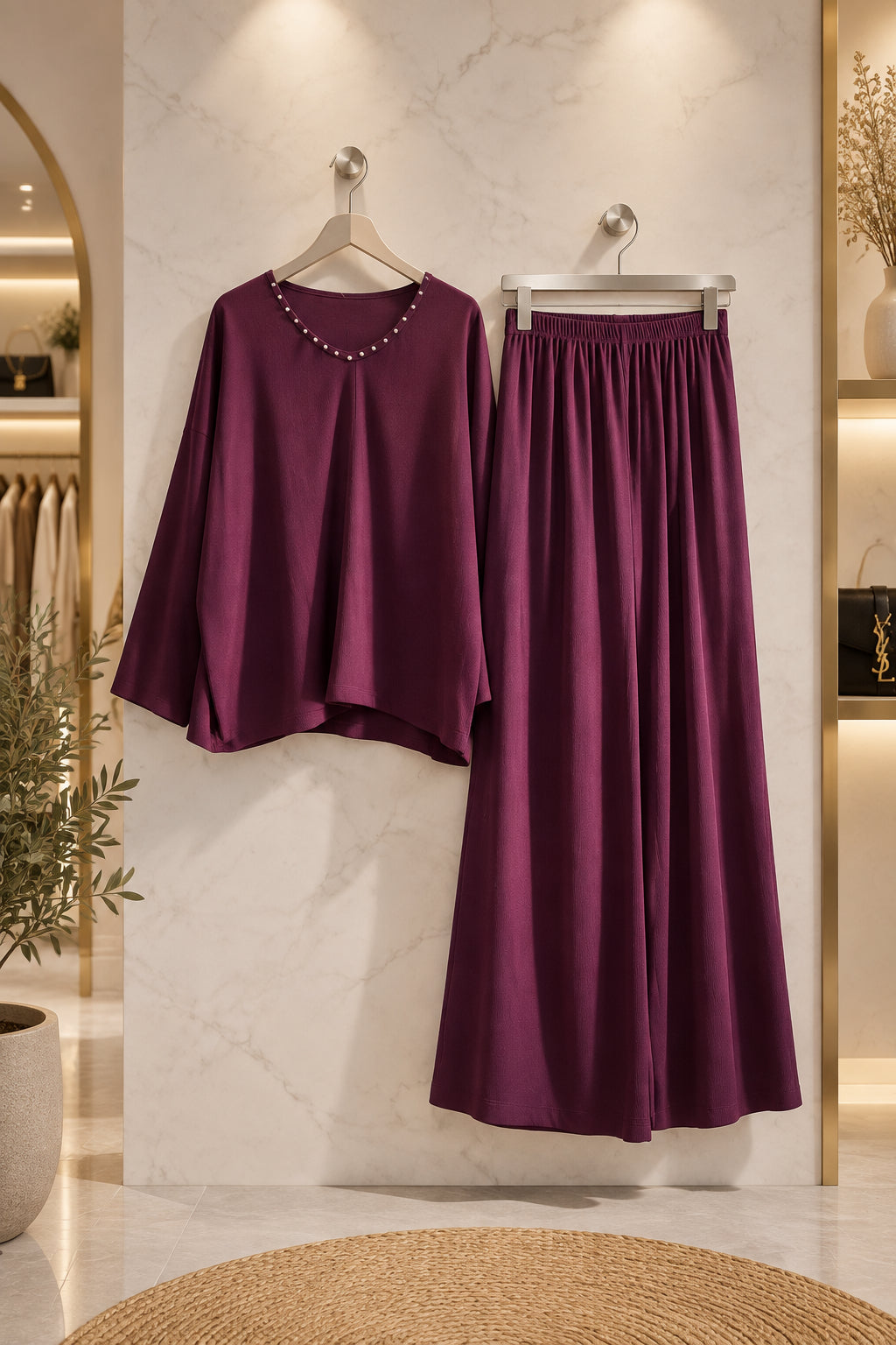 Completo bordeaux con maglia a scollo decorato e pantaloni ampi