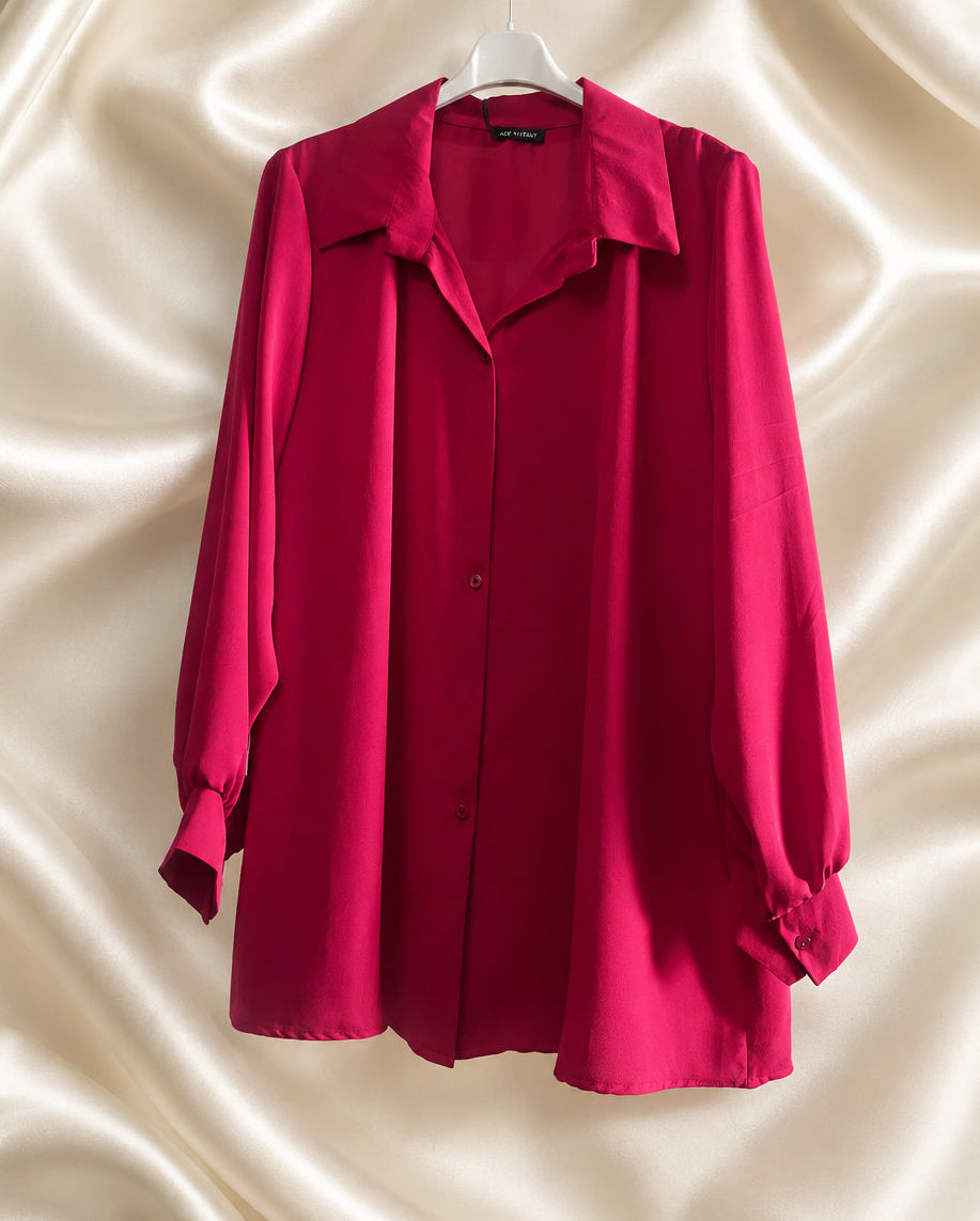 Camicia lunga fluida bordeaux con colletto e bottoni